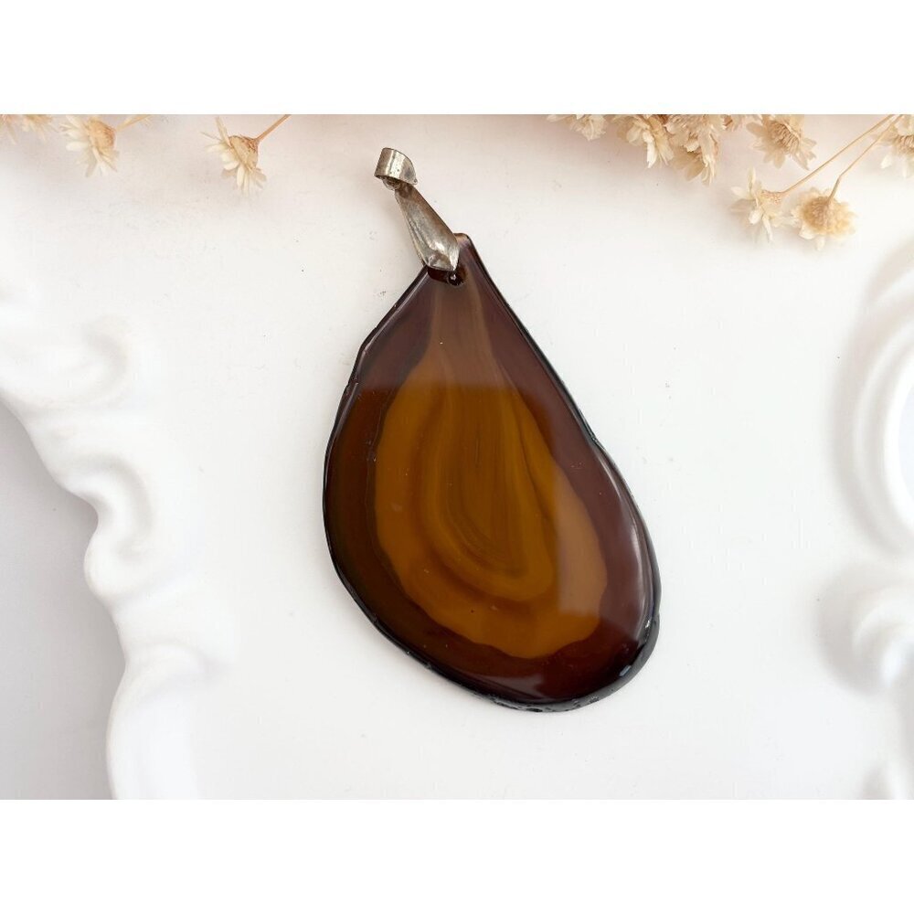 Brown Polished Agate Crystal Freeform Shaped Large Silver Toned Vintage Pendant